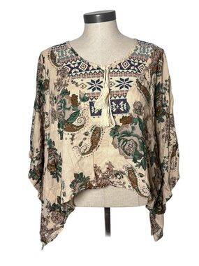 Julia Boutique Boho Floral Poncho Like Top Tassel Tie Embroidered Large